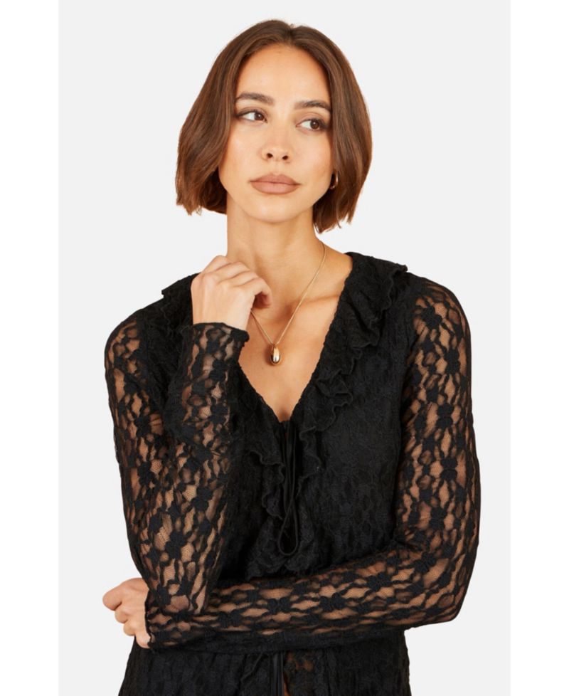 Women's Ruffled Tie Neck Long-Sleeve Top