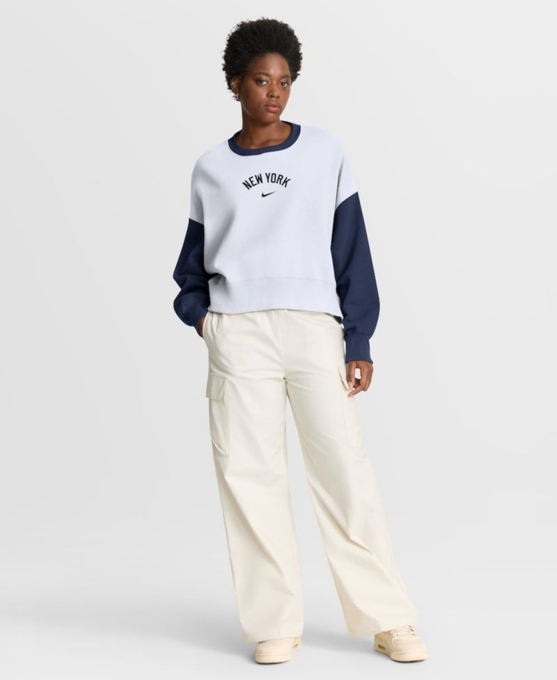 Women's White/Navy New York Yankees Oversized High Hip Fleece Sweatshirt