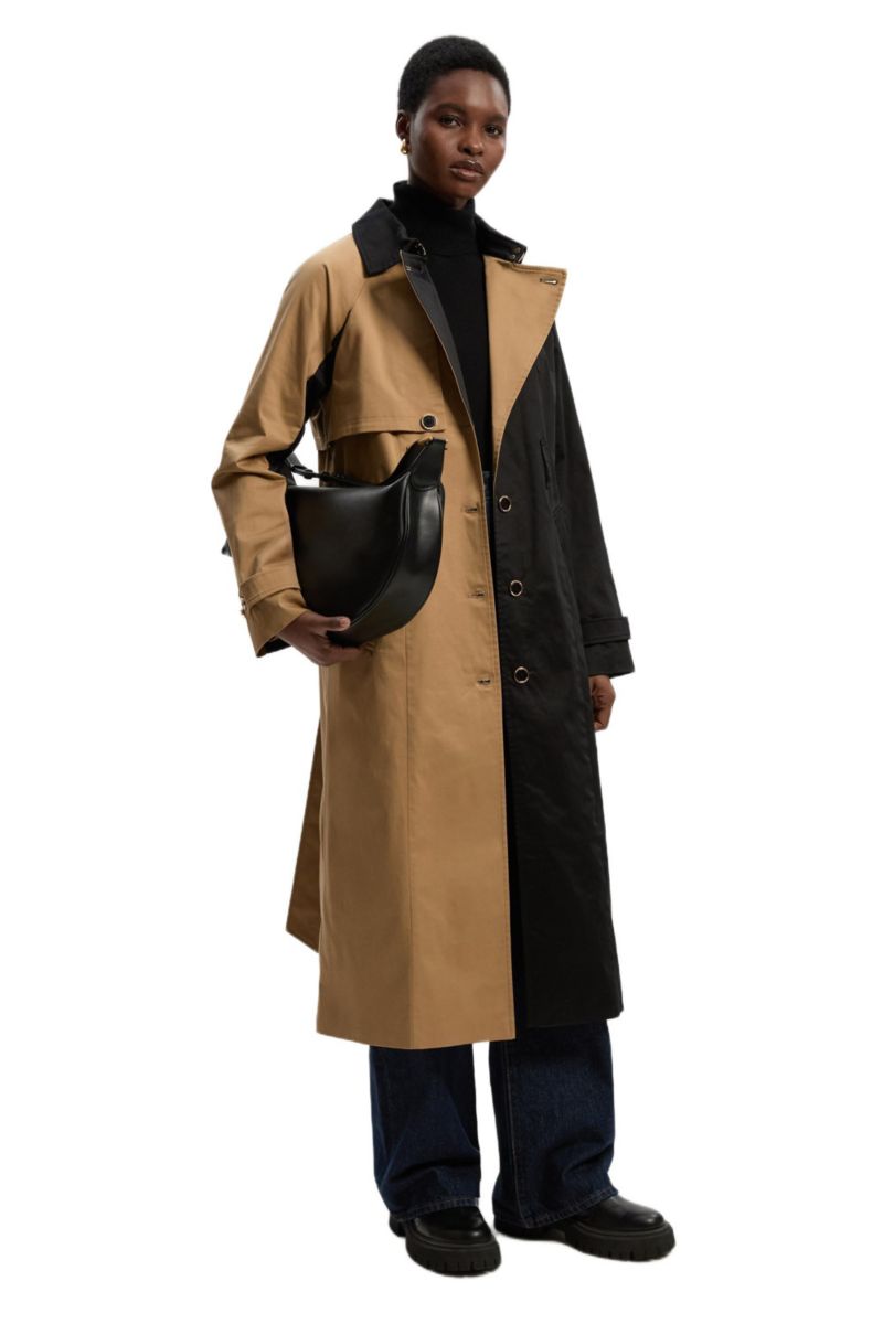 Women's Color Block Belted Tailored Trench Coat