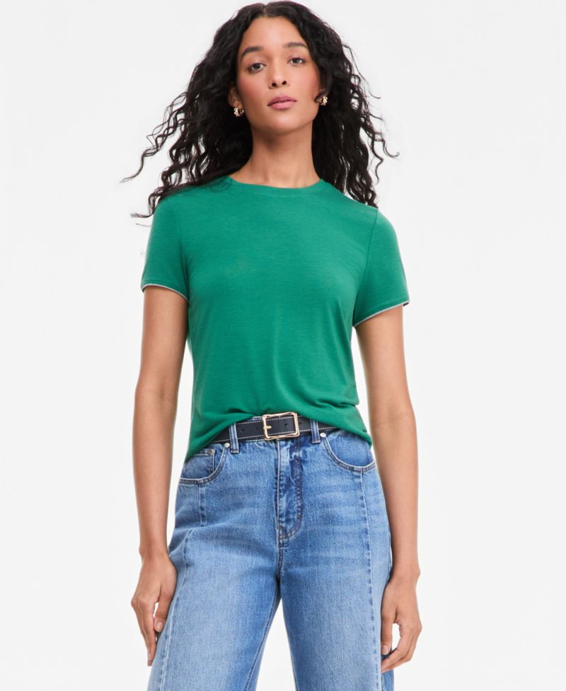Plus Size Piped Tissue Jersey Layering Crewneck T-Shirt