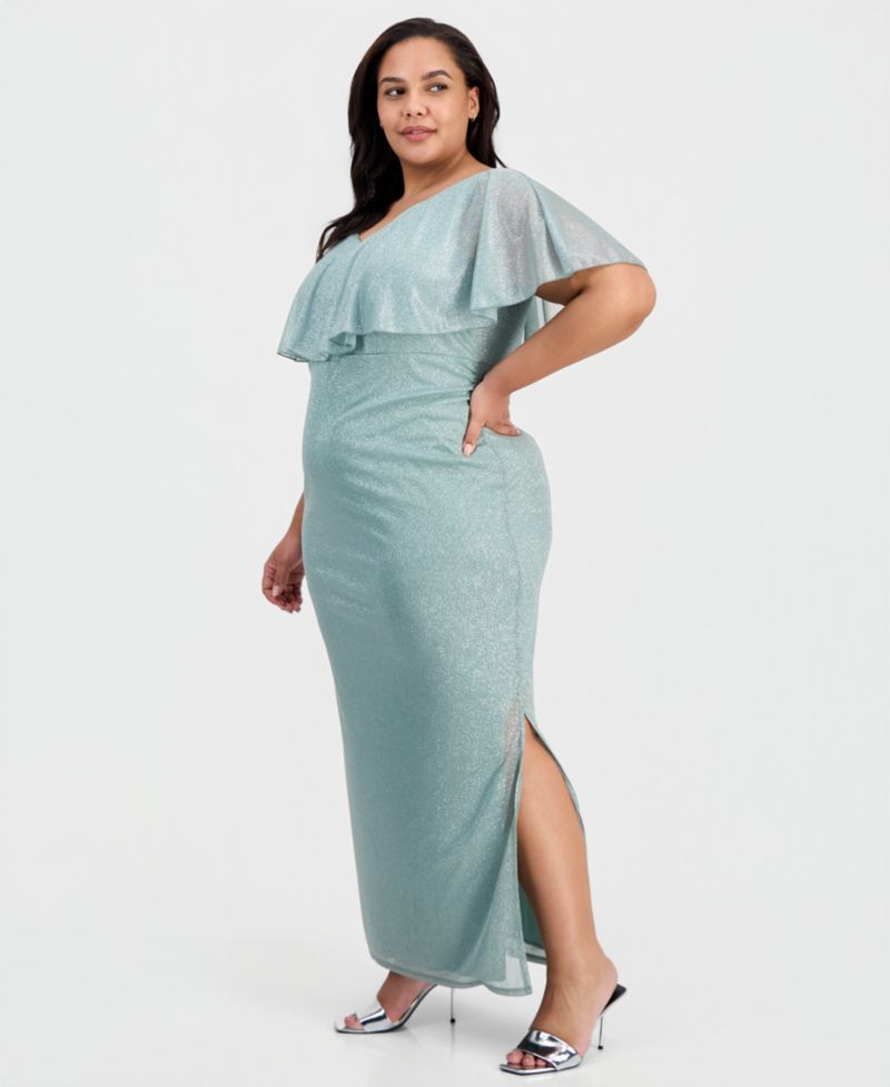 Plus Size Cape-Overlay V-Neck Glitter Dress