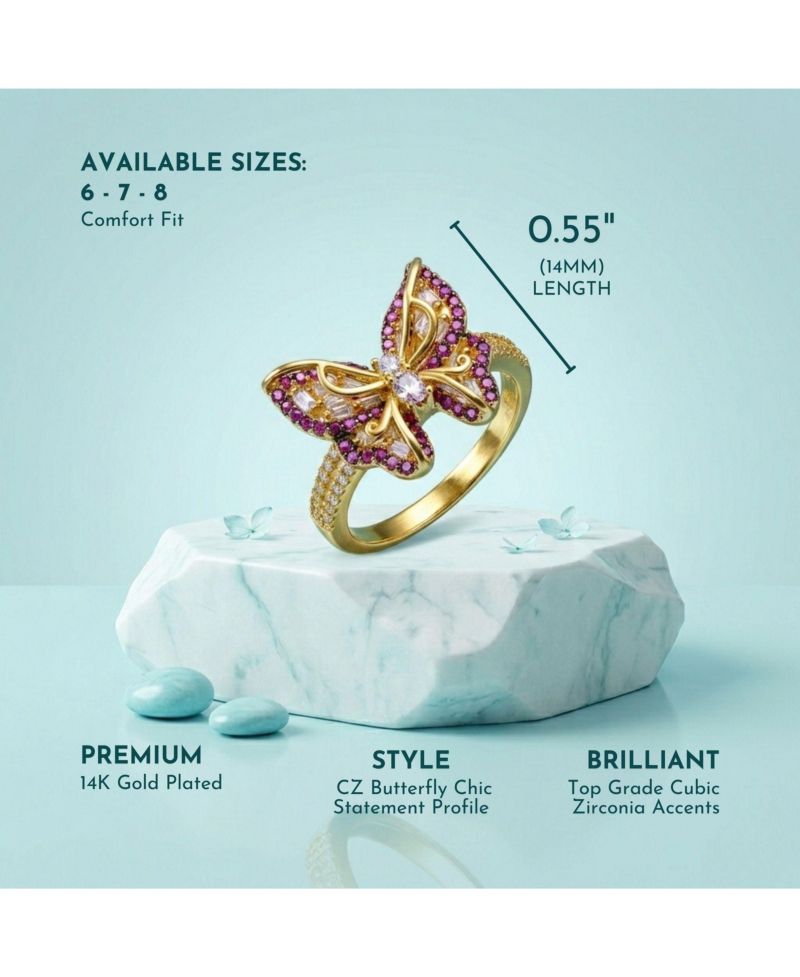 Unique 14K Gold Plated CZ Butterfly Chic Split Top Ring