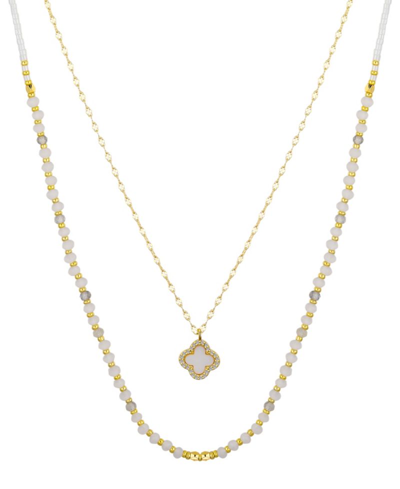 Labradorite Stone Mother of Pearl and Cubic Zirconia Clover Layered Necklace Set