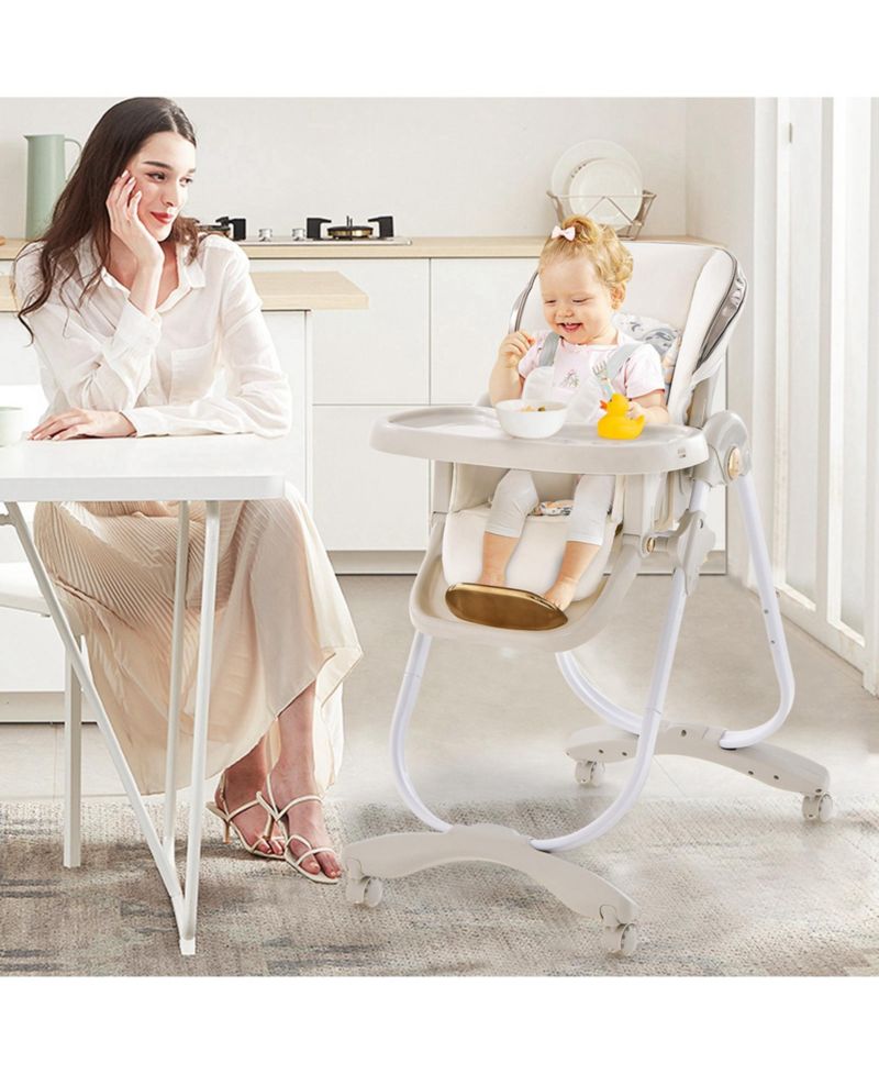 Baby High Chair with Wheel Folding Baby Dining Adjustable Height
