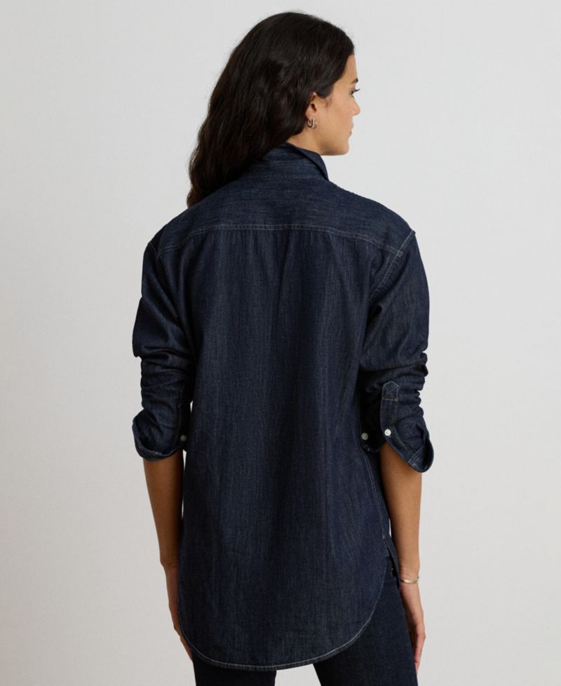 Women's Long-Sleeve Point Collar Relaxed-Fit Denim Shirt