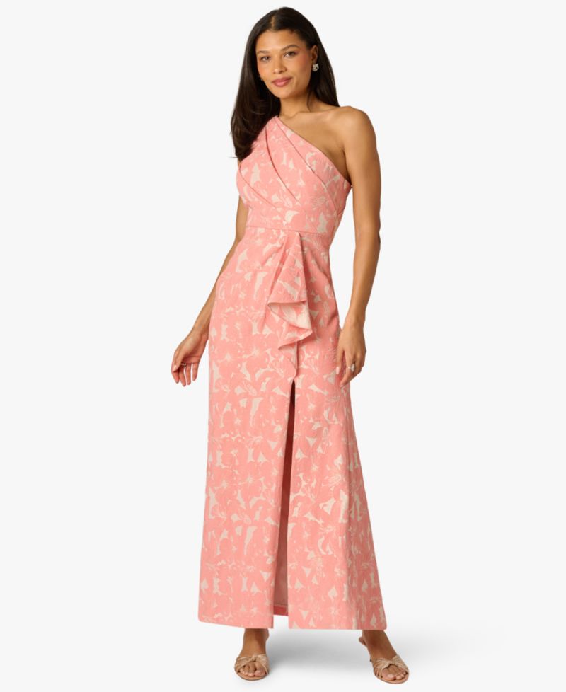 Petite One-Shoulder Floral Jacquard Draped Gown