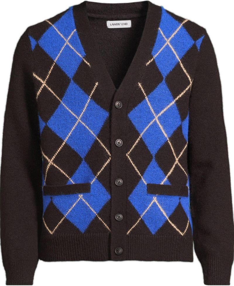 Men's Long Sleeve Fuzzy Argyle Cardigan Sweater