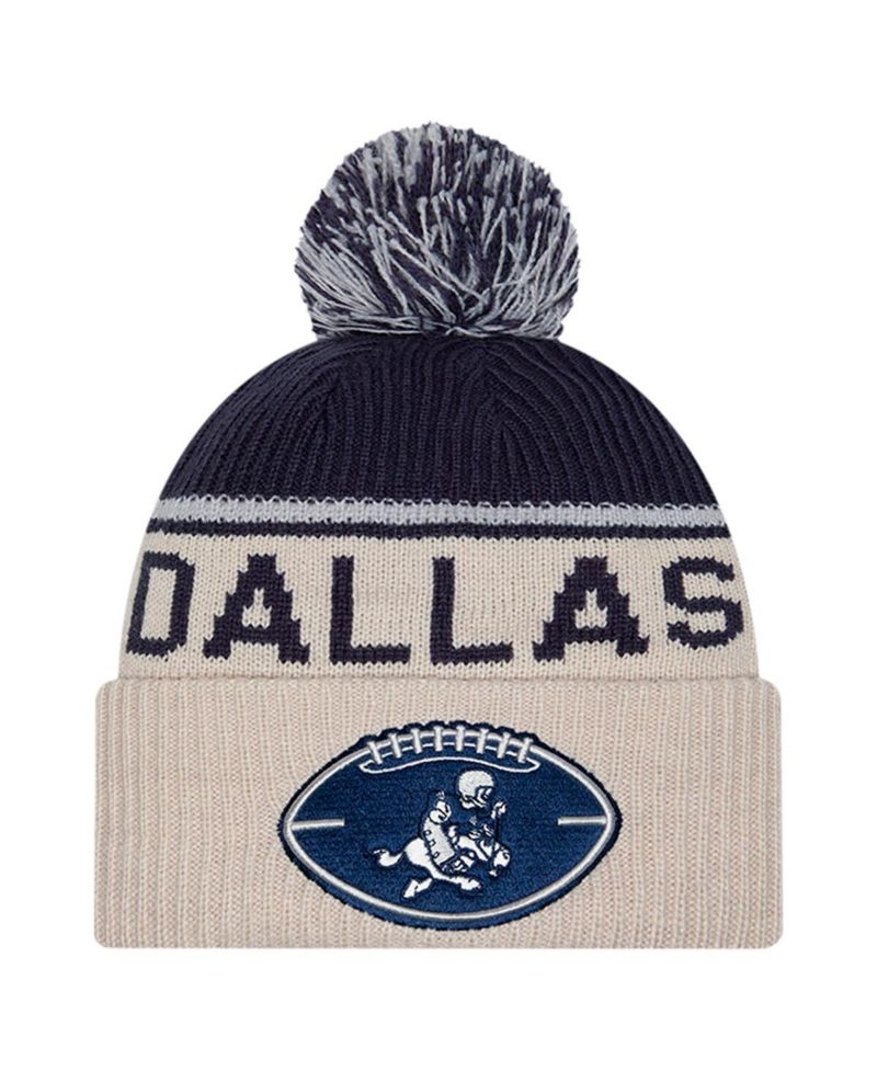 Men's Stone/Navy Dallas Cowboys NFL Sideline Historic Cuffed Knit Hat with Pom