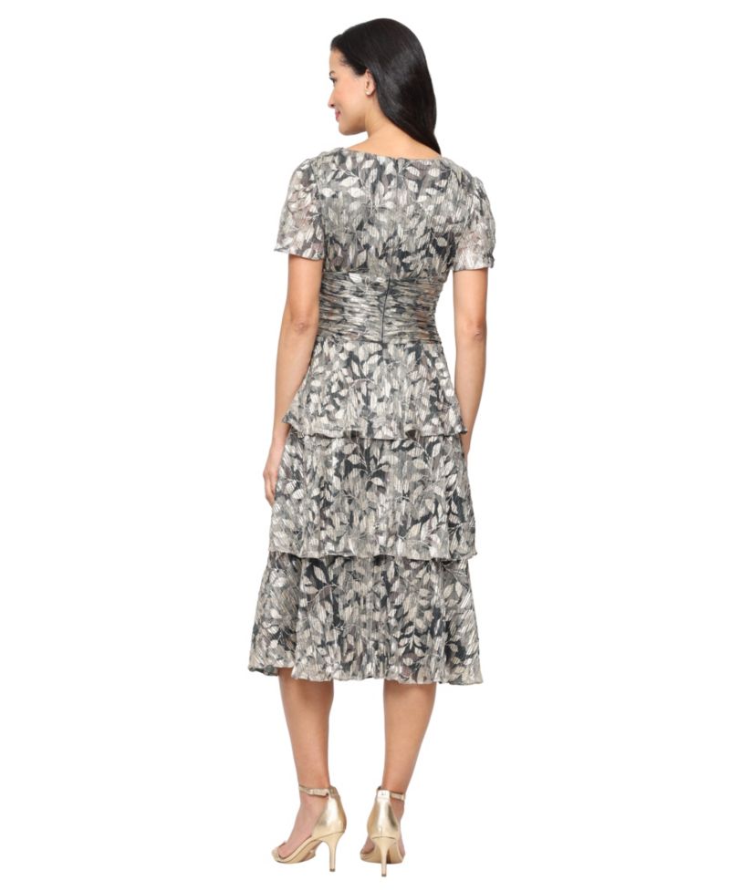 Women's Tea Length Printed Lurex Midi Dress