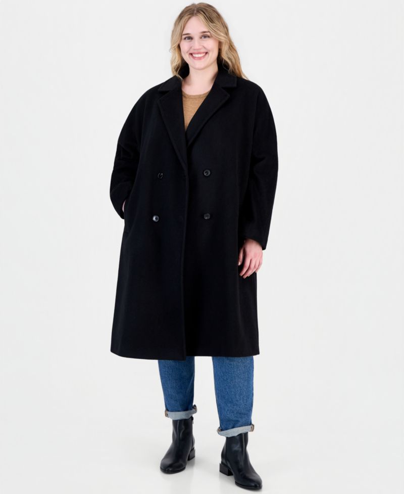 Plus Size Double-Breasted Wool-Blend Notch Collar Coat