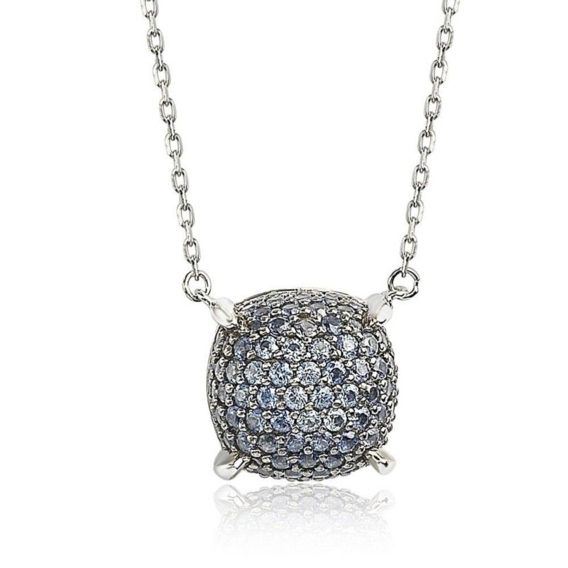 Suzy Levian Sterling Silver Sapphire Pave Puff 10 mm Solitaire Station Necklace