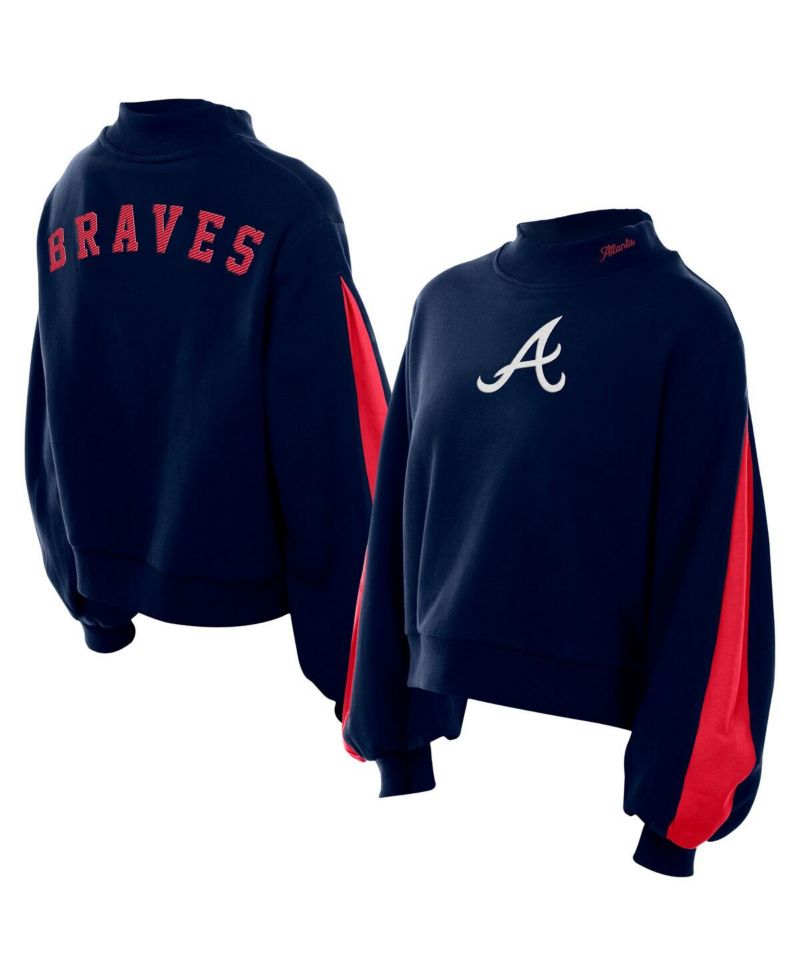 Women's Navy Atlanta Braves Mock Neck Balloon Sleeve Sweatshirt