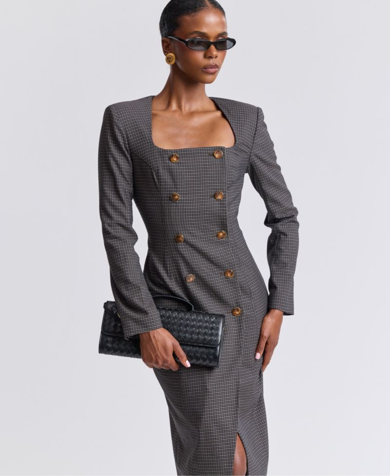 Women's Plaid Long-Sleeve Double-Breasted Midi Dress