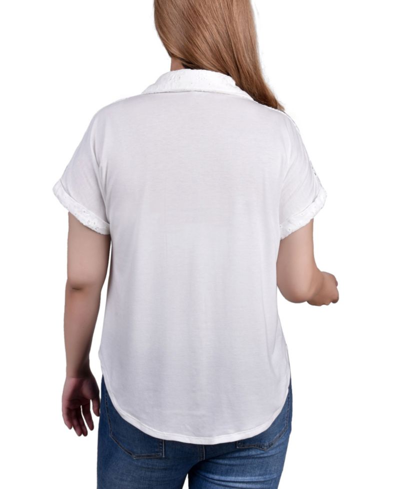 Petite Short Sleeve Eyelet Knit Back Blouse