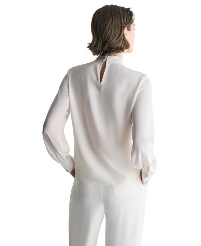 Women's Tie-Neck Embroidered Back-Keyhole Blouse