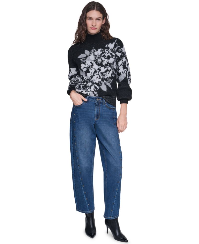 Women's Rose Mock Neck Floral-Print Sweater