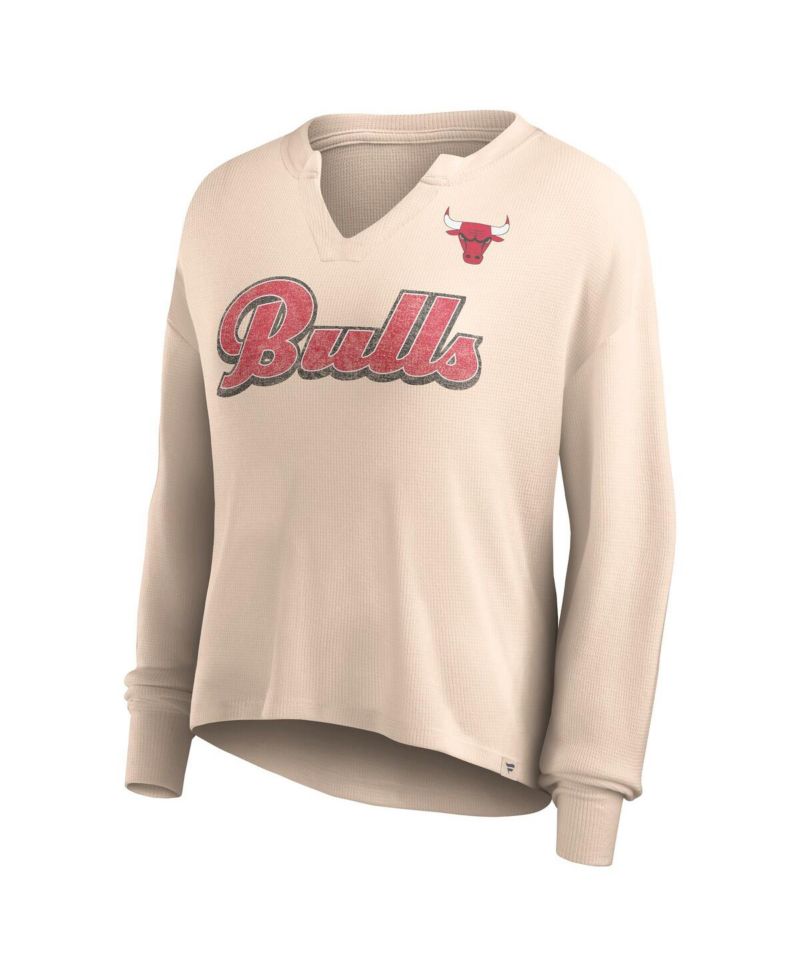 Women's Tan Distressed Chicago Bulls Go For It Long Sleeve Notch Neck T-shirt