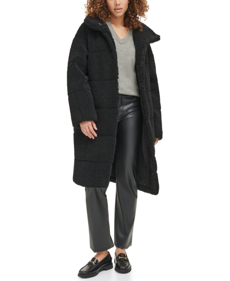 Women's Long Sherpa Snap-Closure Teddy Coat