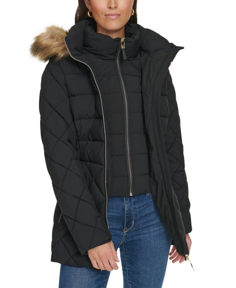 Women's Bibbed Faux-Fur-Trim Hooded Puffer Coat
