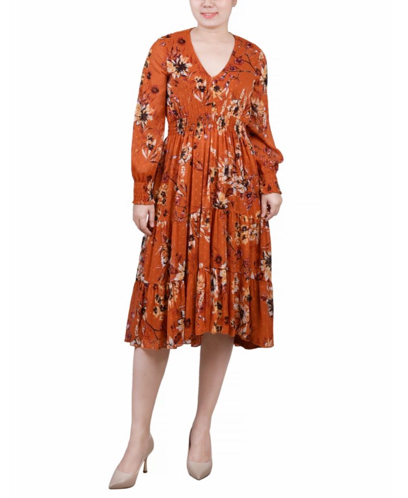 Women's Long-Sleeve Clip Dot Chiffon Dress with Smocked Waist and Cuffs Dress