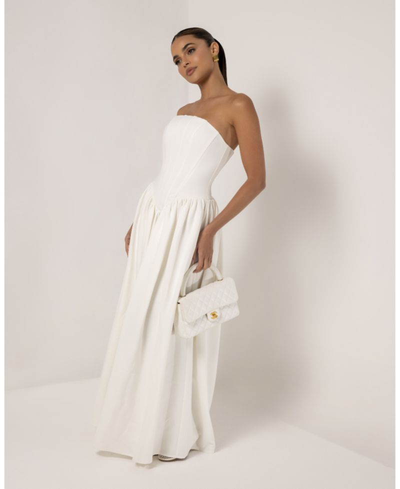 Women's Strapless Corset Crepe Flare Maxi Dress