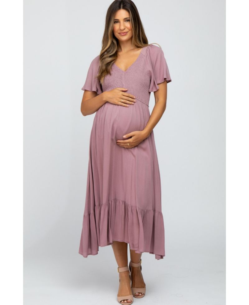 Women's Mauve Smocked V-Neck Midi Dress