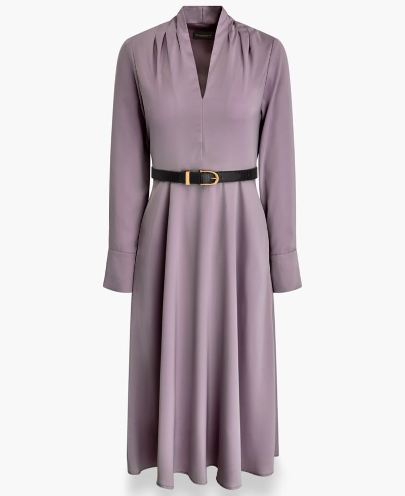 Women's Long-Sleeve Satin Belted Midi Dress