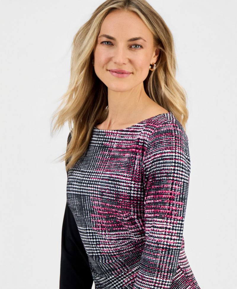 Petite Boat-Neck Side-Pleat 3/4-Sleeve Dress