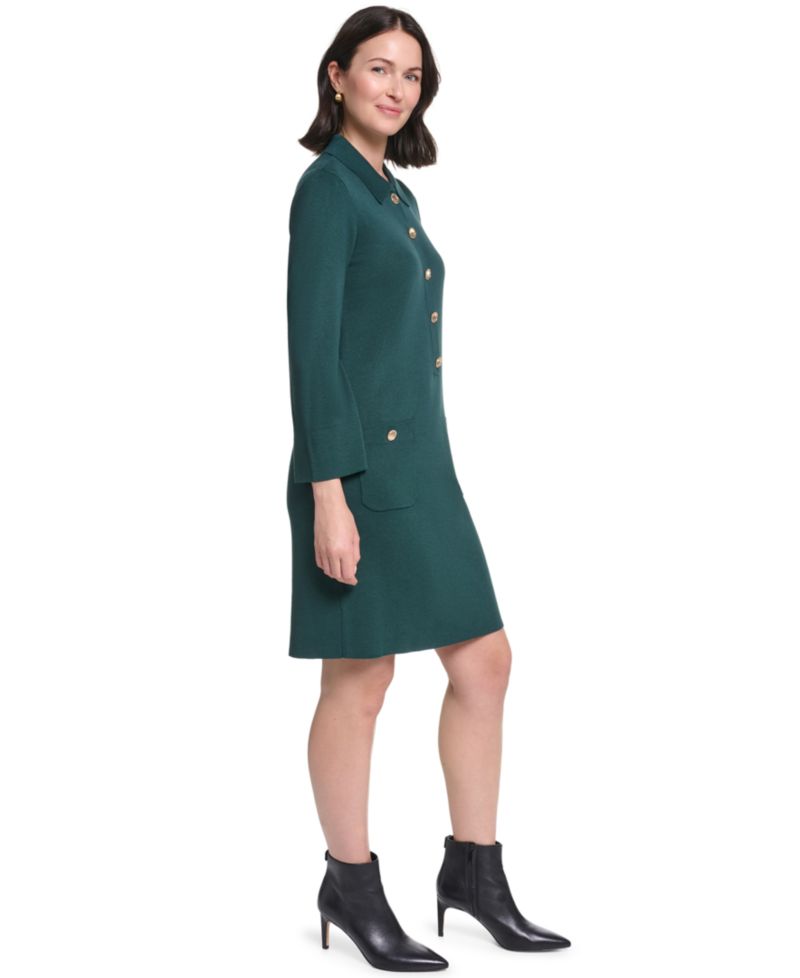 Petite Collared Button-Front Long-Sleeve Midi Dress