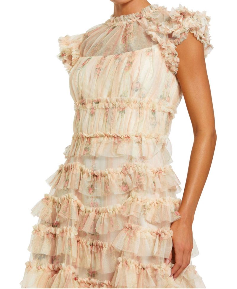 Women's Printed Mesh Short Sleeve Micro Ruffle Midi Dress