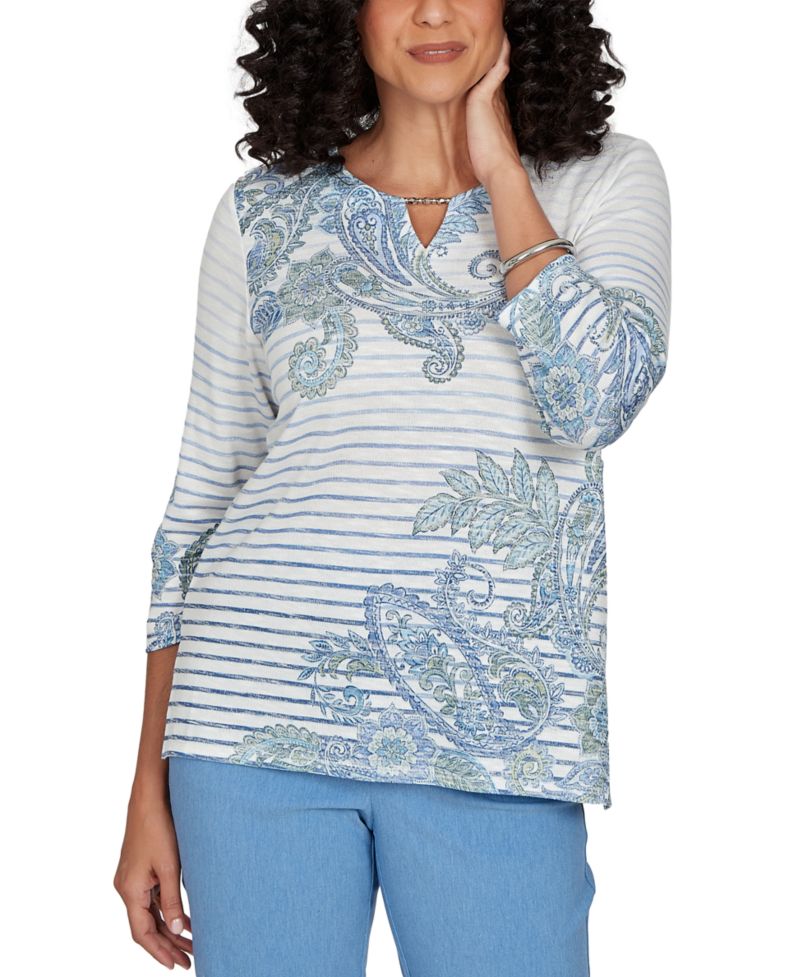Petite Provence Paisley Stripe Split Neck 3/4 Sleeve Top