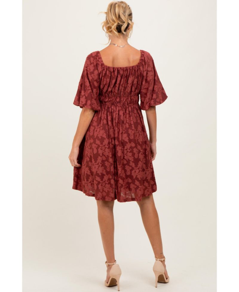Women's Burgundy Floral Square Neck Dress