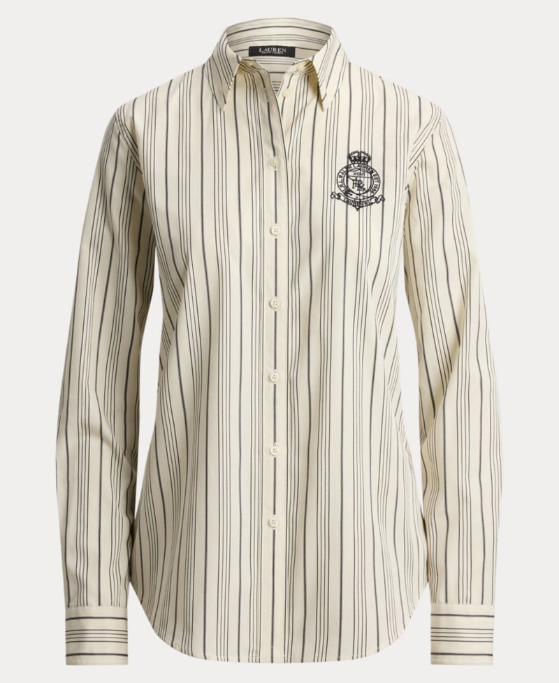 Petite Striped Collared Crest-Embroidered Shirt