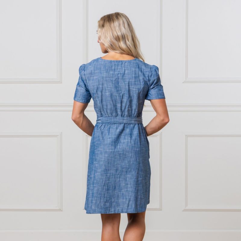 Women's Hope and Henry Short Sleeve Button Front Chambray Dress with Waist Sash
