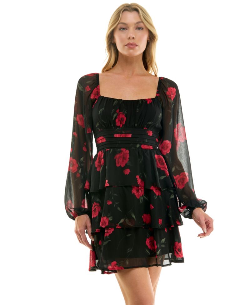 Juniors' Long-Sleeve Pleated-Waist Tiered Dress