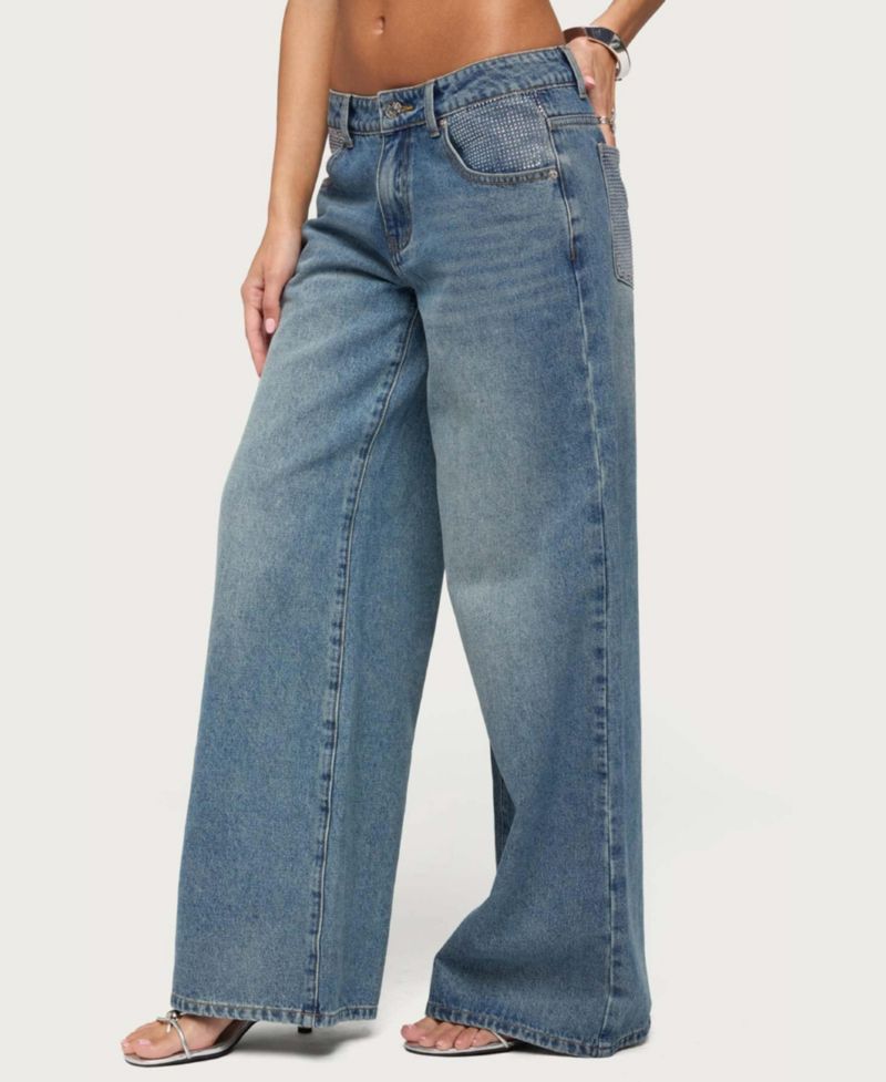 Women's Low-Rise Wide-Leg Rhinestone Jeans, 32" Inseam