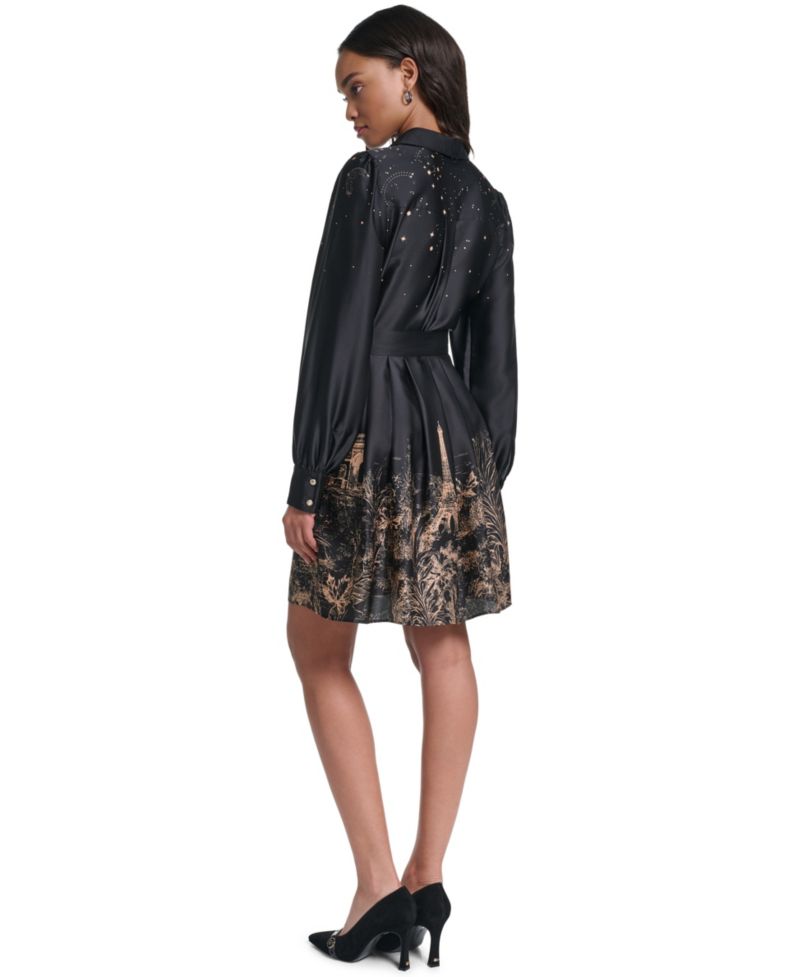 Women's Placed-Print Satin Long-Sleeve Dress