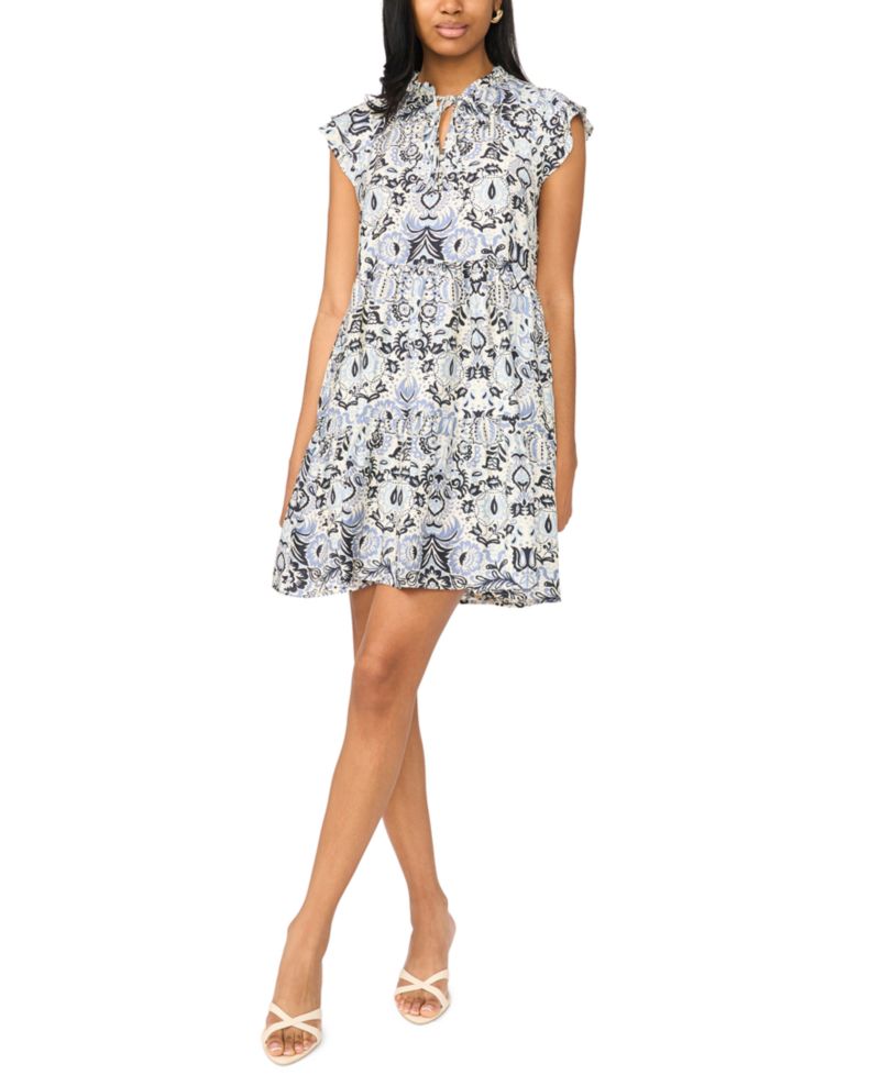 Petite Flutter-Sleeve Tie-Neck Printed Dress