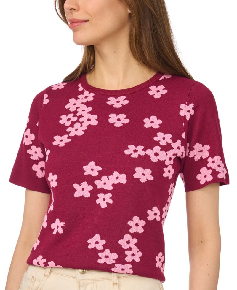 Women's Floral-Print Jacquard Short-Sleeve Sweater