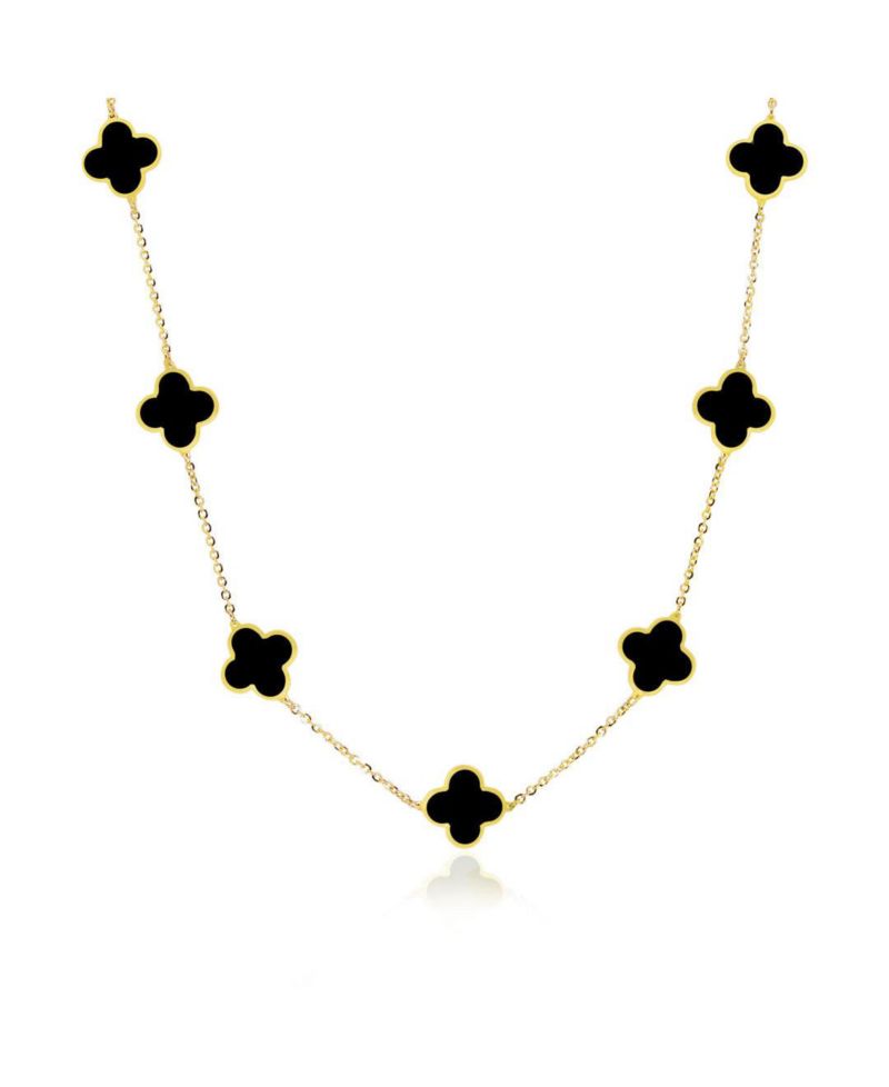 Small Onyx Clover Necklace 14K Yellow Gold