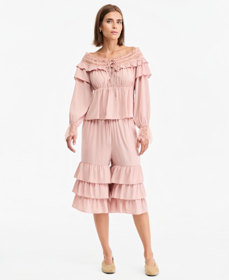 Women's High-Rise Wide-Leg Ruffle-Bottom Culottes
