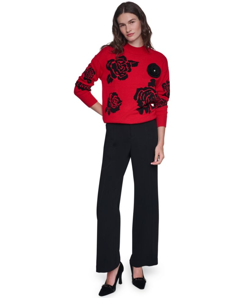 Women's Mock-Neck Long-Sleeve Floral Sweater
