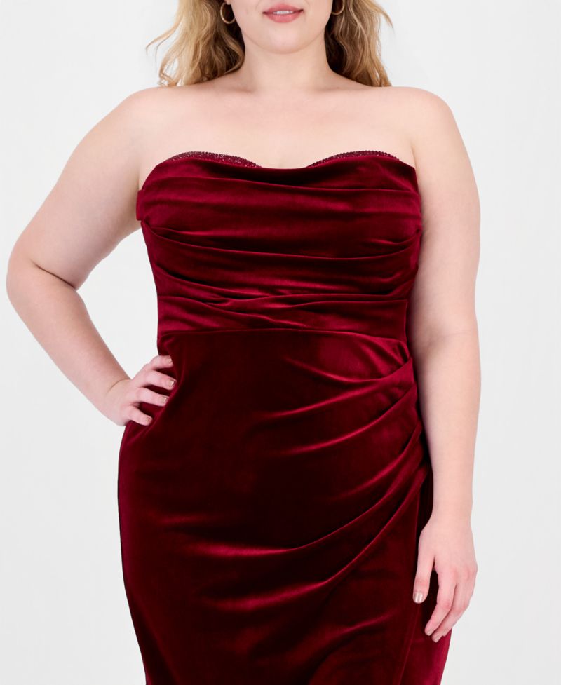 Plus Size Strapless Velvet Embellished Midi Dress