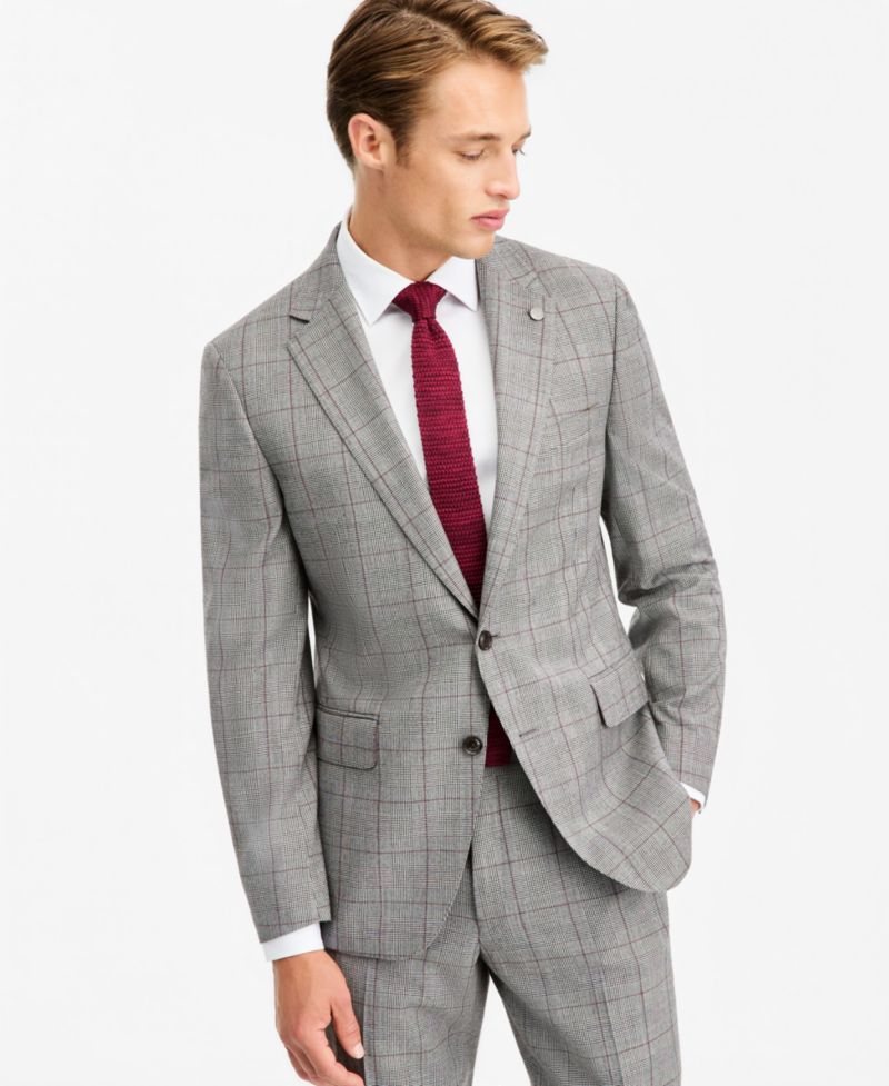 Men's Modern-Fit Gray & Wine Plaid Suit Separate Pants