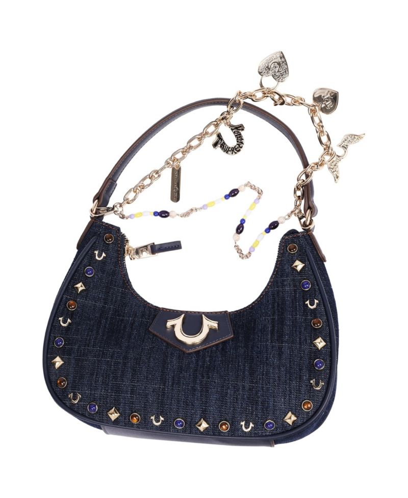 Women's Studded Denim Shoulder Bag with Removable Charm Chain