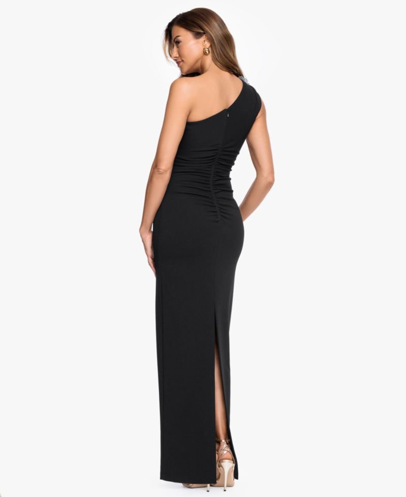 Petite One-Shoulder Scuba Crop Trim Sheath Gown