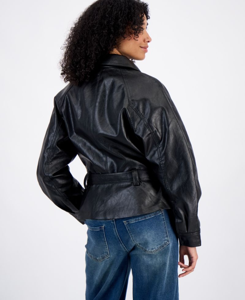 Juniors' Faux Leather Trench Zip-Front Jacket