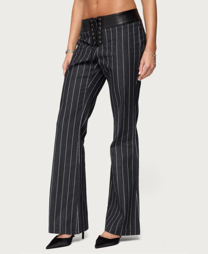 Women's Pinstripe and Faux Leather Low Rise Flared Jeans