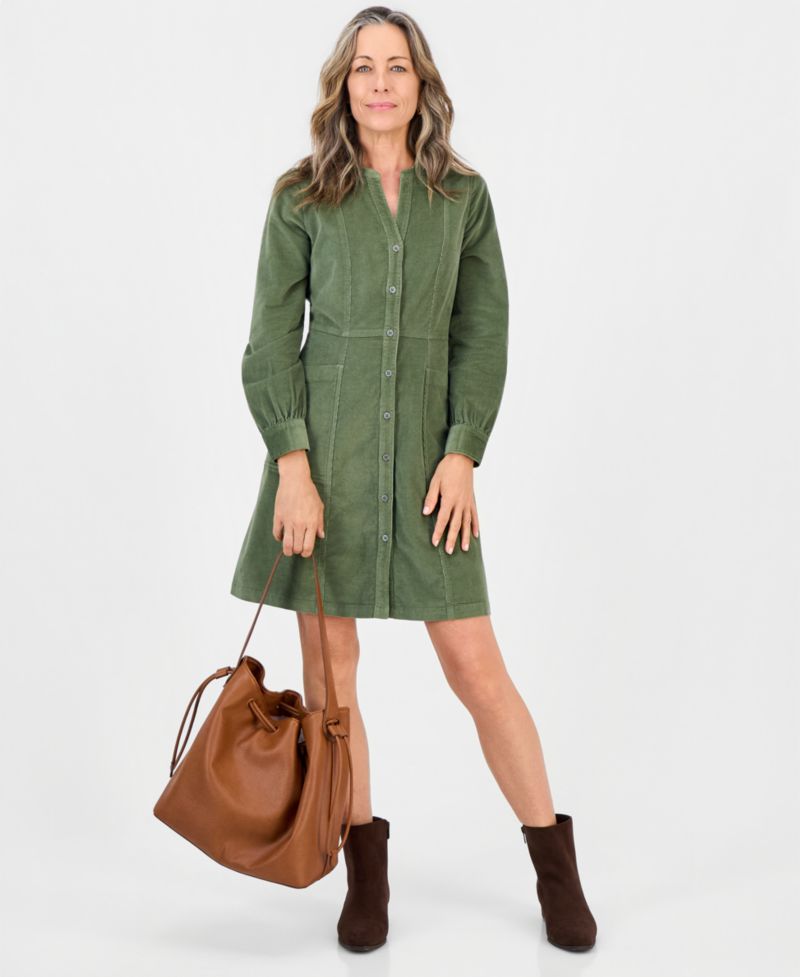 Petite Long-Sleeve Corduroy Dress
