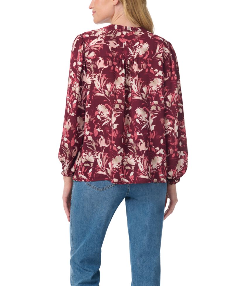 Women's Long-Bishop-Sleeve Floral V-Neck Blouse